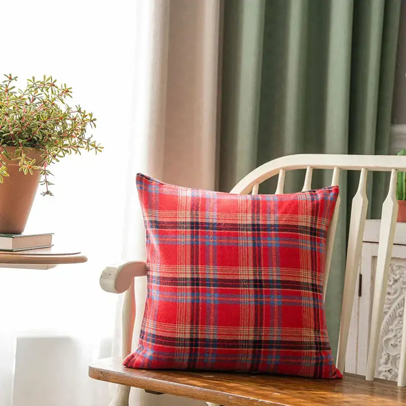 Festive plaid cushion cover with gold snowflakes living room decor
