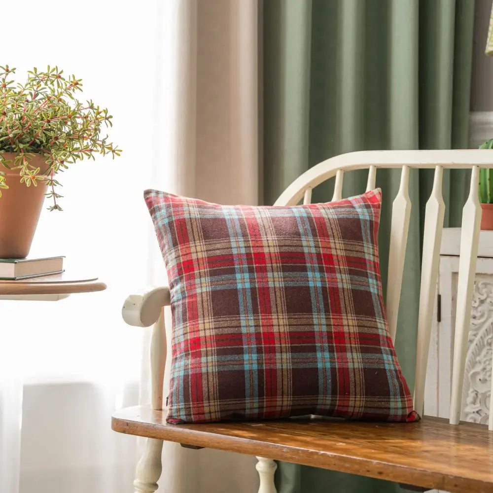 Festive plaid cushion cover with gold snowflakes living room decor