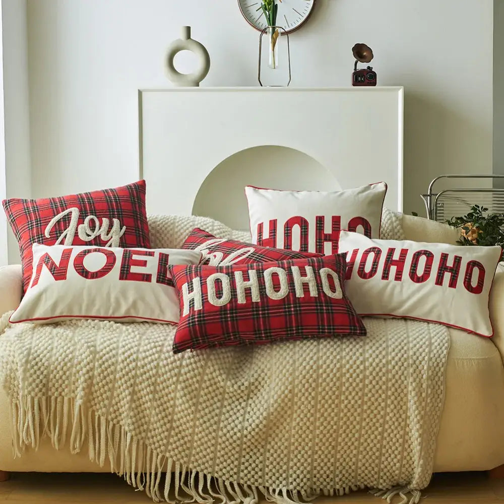 Christmas plaid print pillow case set red & white living room decor