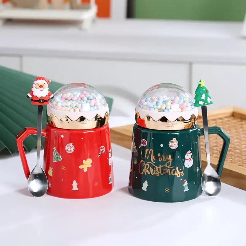 Red and green christmas planet ceramic mug with spoon kitchen gift