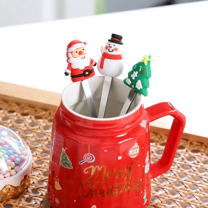 Red and green christmas planet ceramic mug with spoon kitchen gift