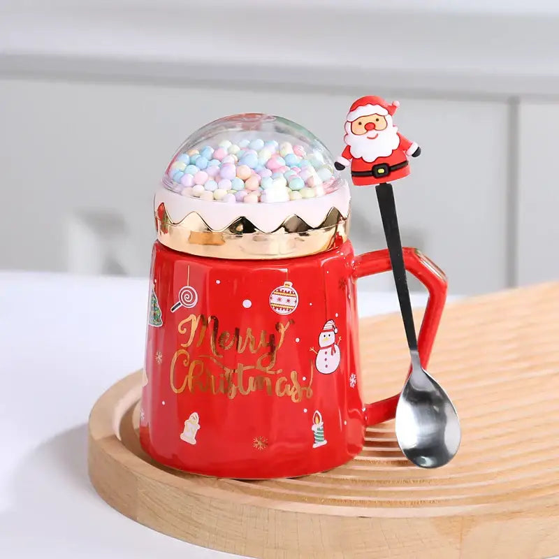 Red and green christmas planet ceramic mug with spoon kitchen gift