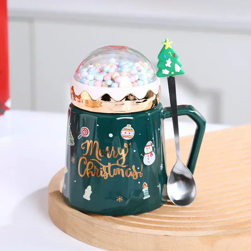 Red and green christmas planet ceramic mug with spoon kitchen gift