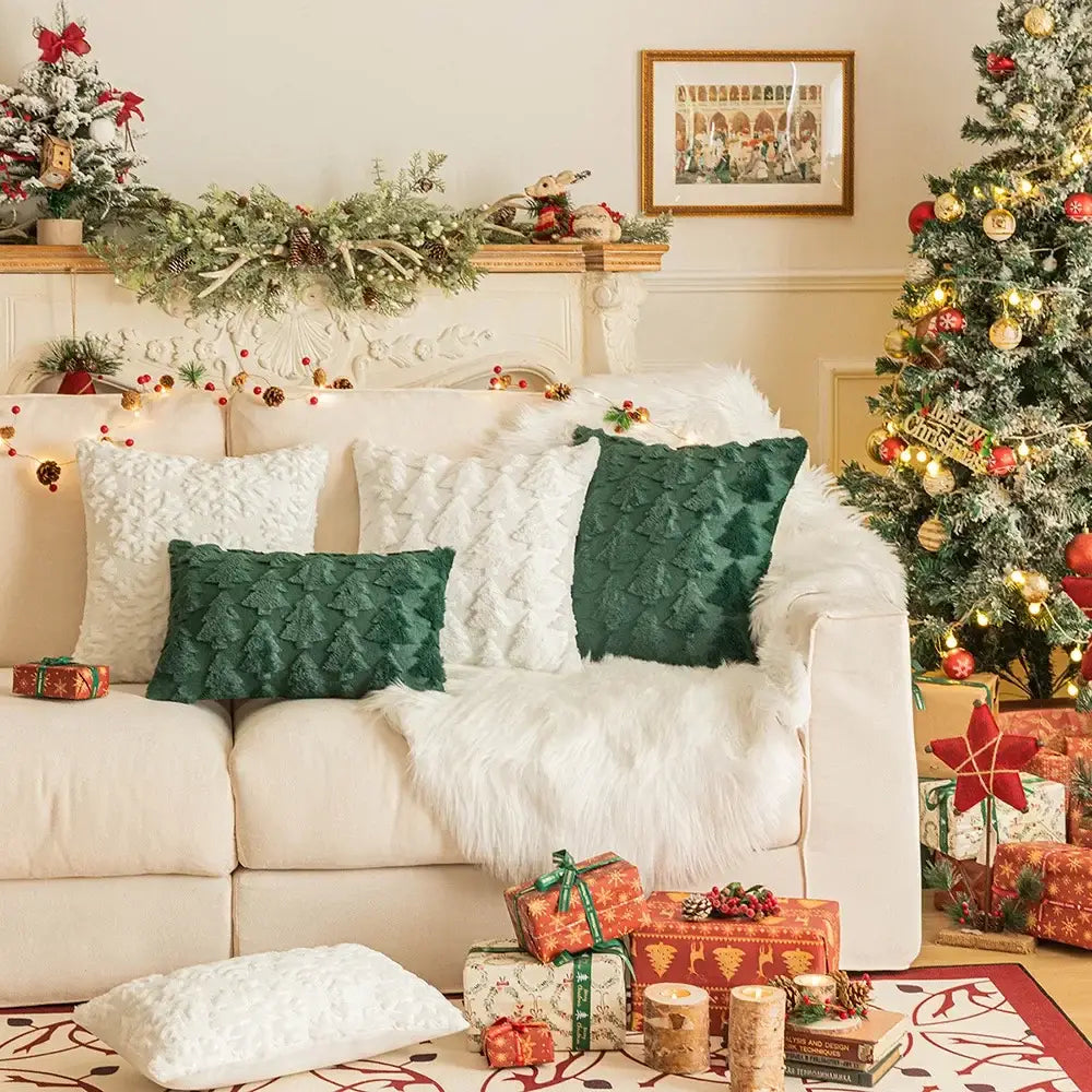 Red and green floral christmas plush pillow case set living room