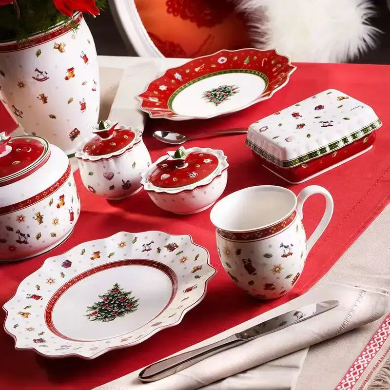 Festive red & white christmas porcelain tableware set dining room
