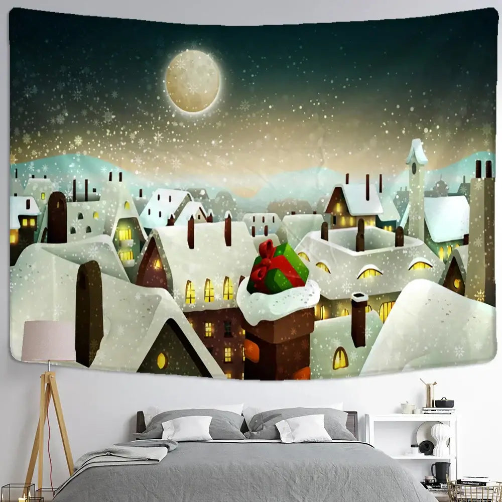 Christmas snow house tapestry – living room landscape wall art