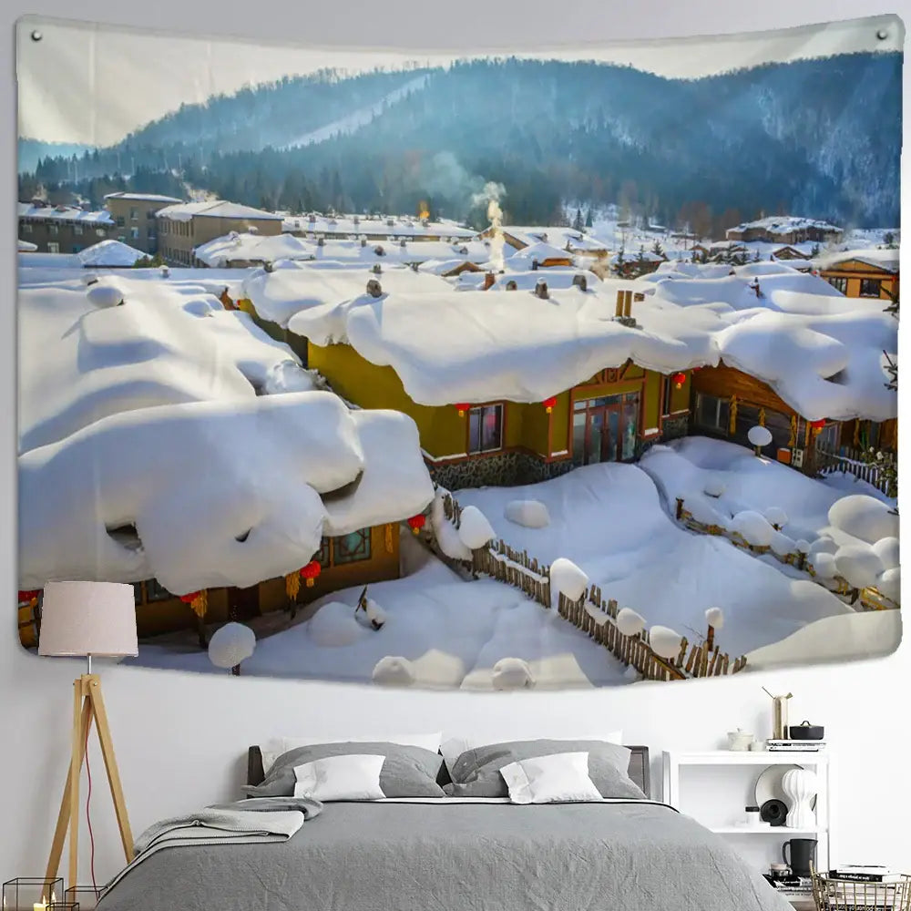 Christmas snow house tapestry – living room landscape wall art