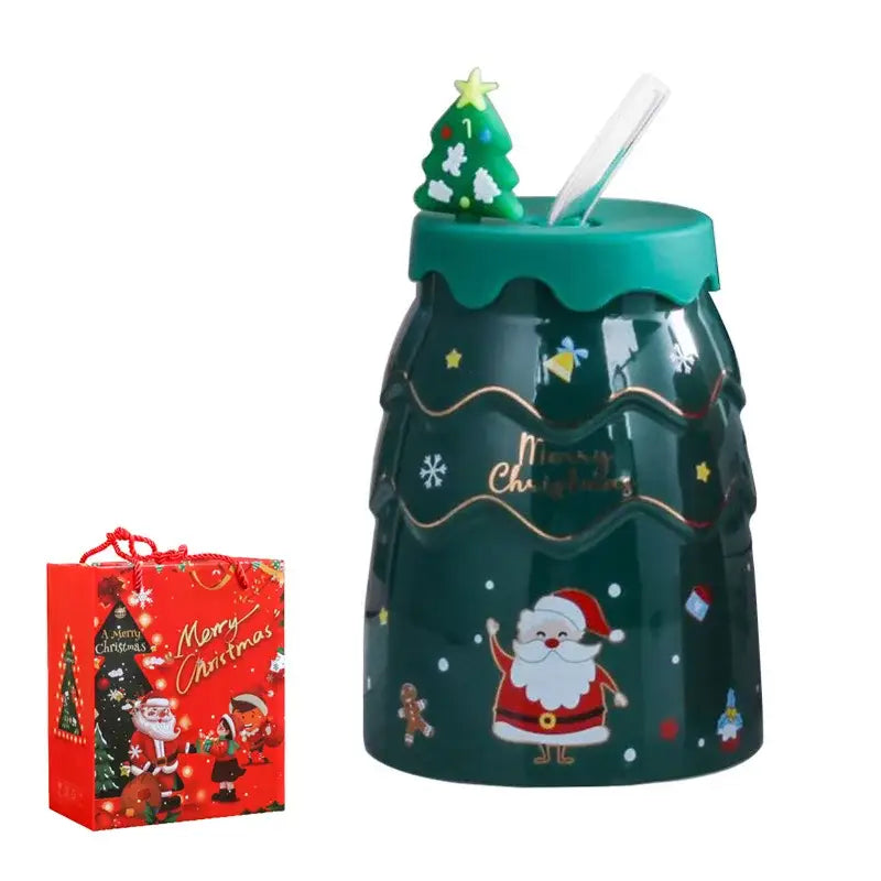 Festive green santa tree ceramic mug with straw dining room gift