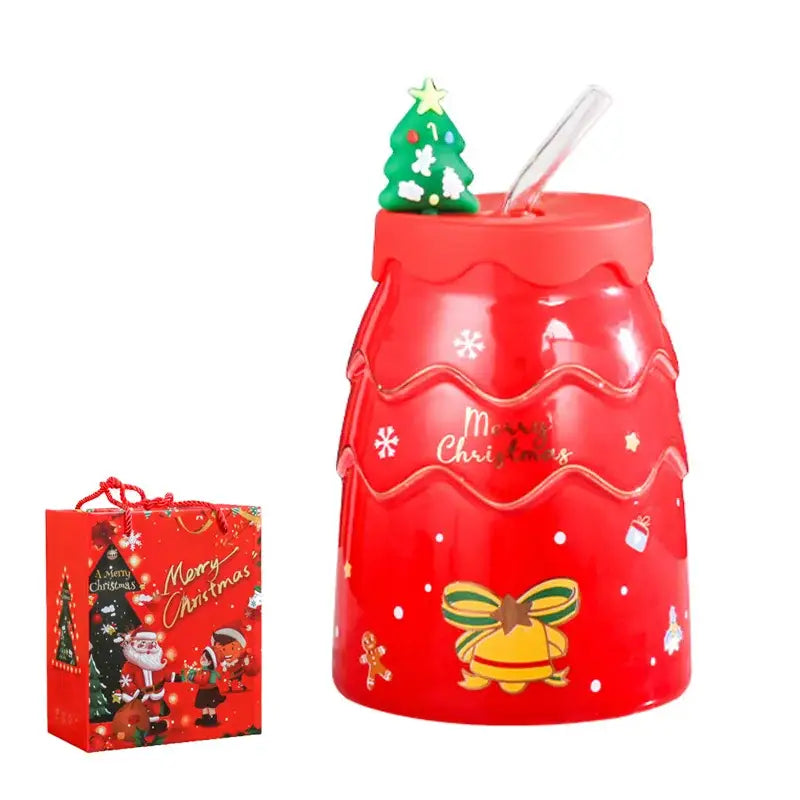 Festive green santa tree ceramic mug with straw dining room gift