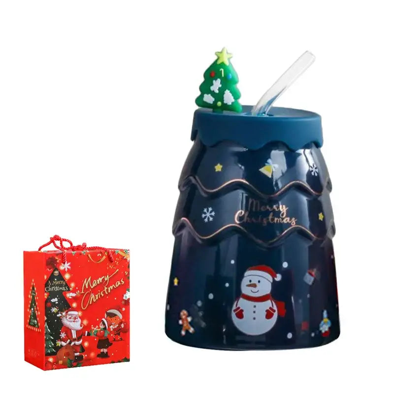 Festive green santa tree ceramic mug with straw dining room gift