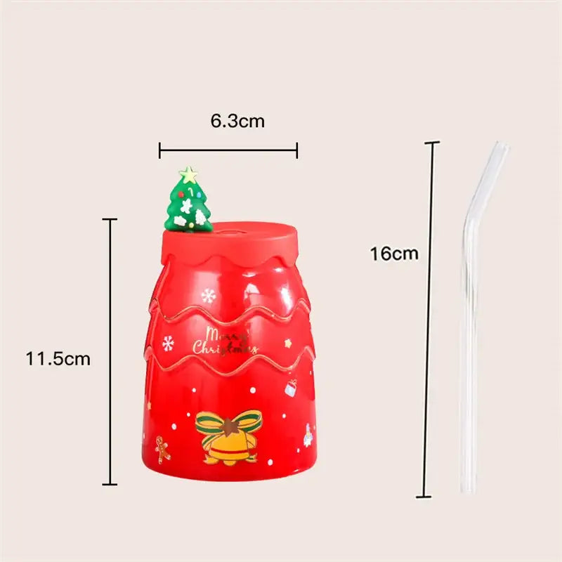 Festive green santa tree ceramic mug with straw dining room gift