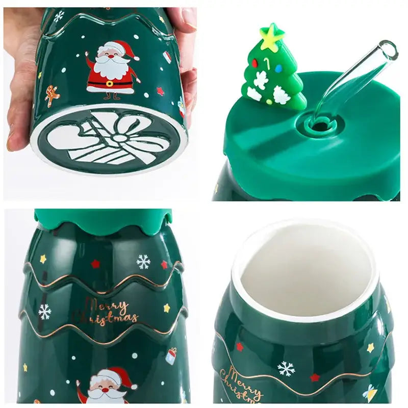 Festive green santa tree ceramic mug with straw dining room gift