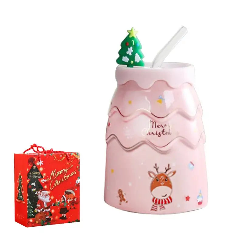 Festive green santa tree ceramic mug with straw dining room gift