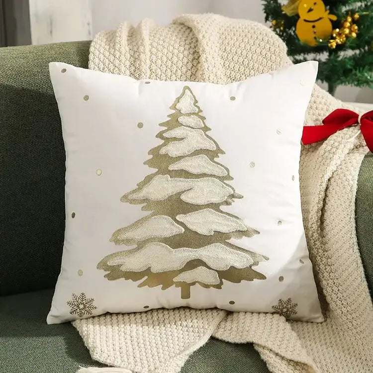 Embroidered gold & silver christmas tree cushion cover living room