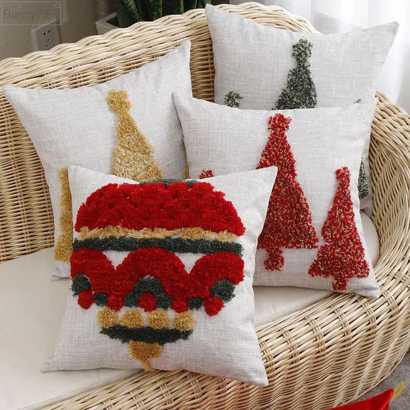 Embroidered gold green & red christmas tree pillow cover living room