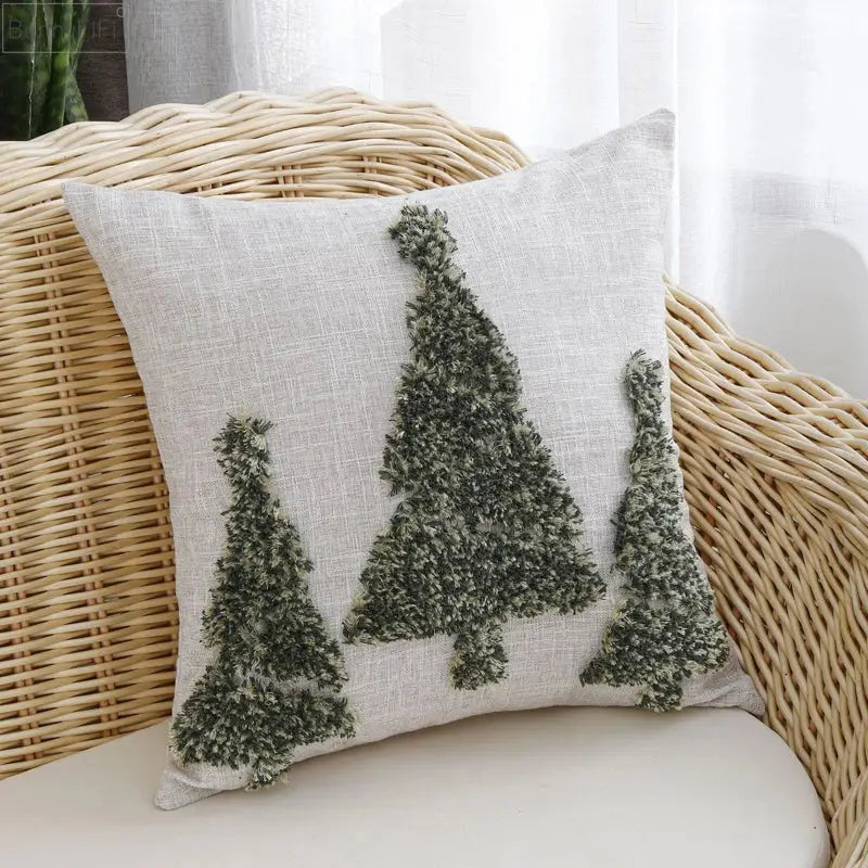 Embroidered gold green & red christmas tree pillow cover living room