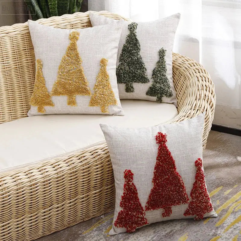 Embroidered gold green & red christmas tree pillow cover living room