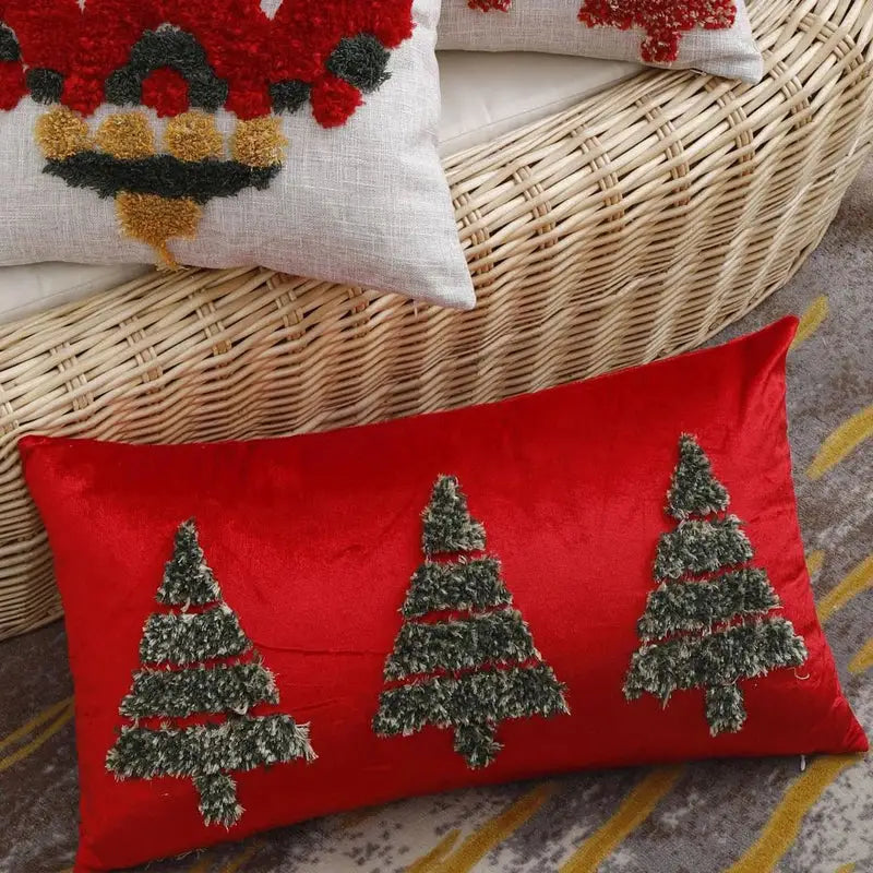 Embroidered gold green & red christmas tree pillow cover living room