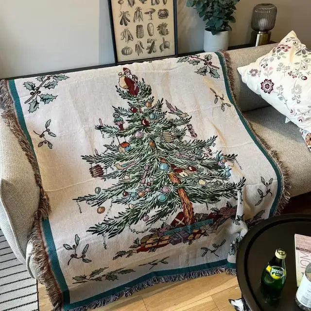 Festive christmas tree dark teal knitted throw blanket living room