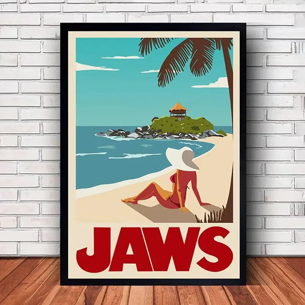 Classic black framed jaws movie poster canvas wall art living room