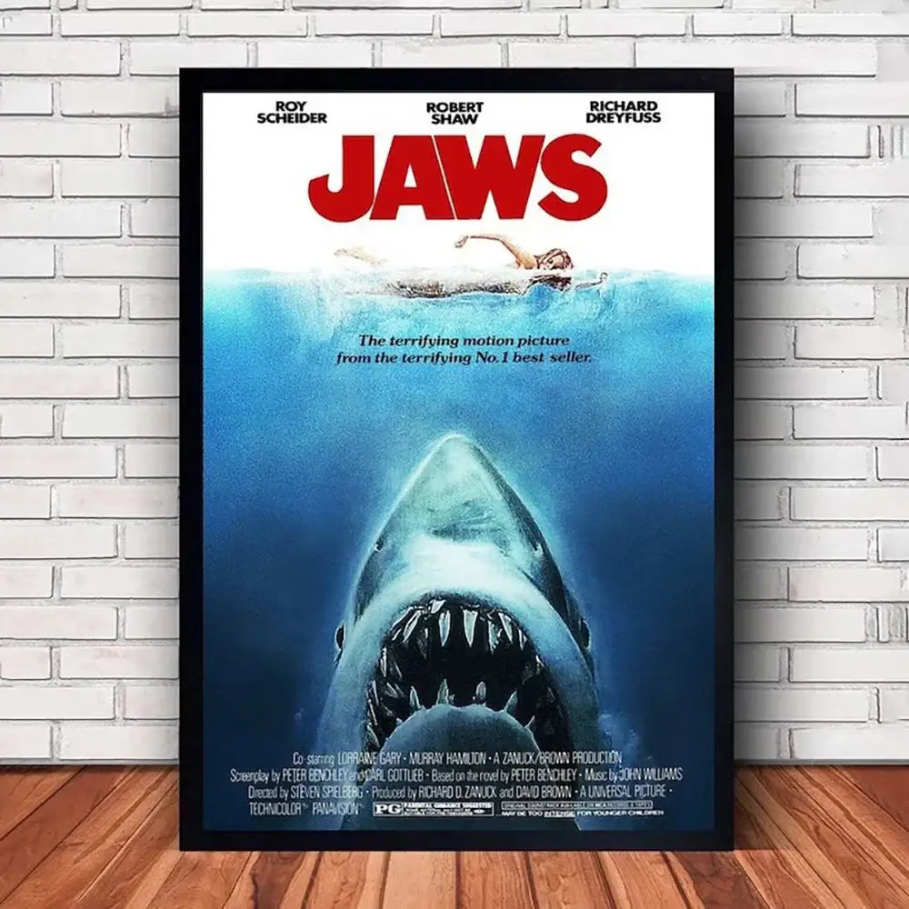 Classic black framed jaws movie poster canvas wall art living room