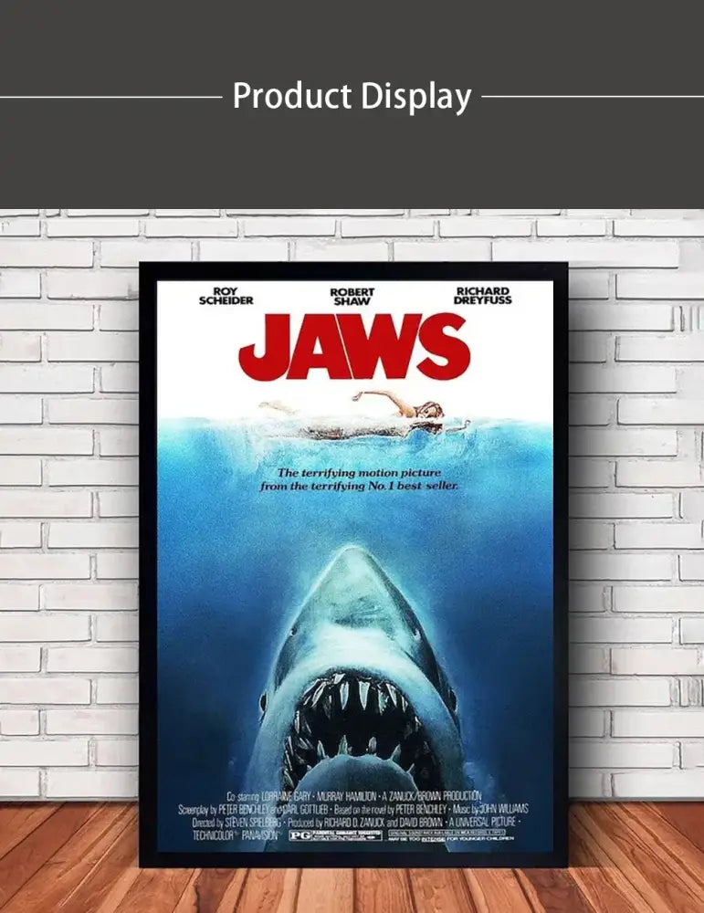 Classic black framed jaws movie poster canvas wall art living room