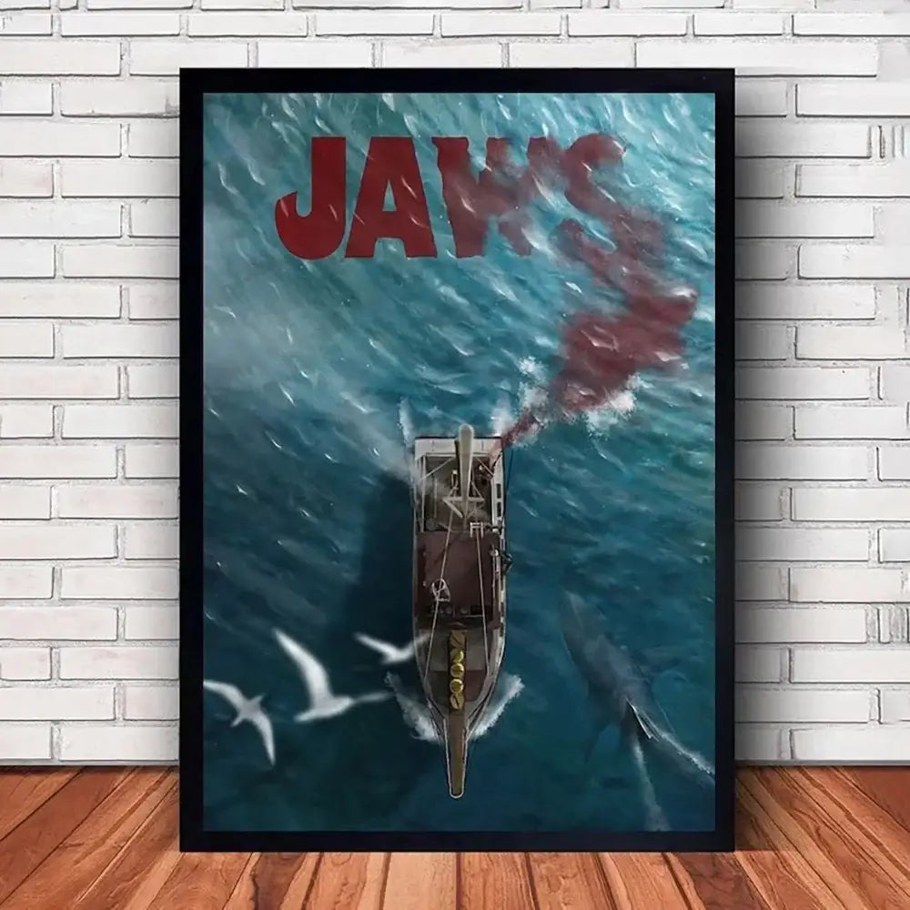 Classic black framed jaws movie poster canvas wall art living room