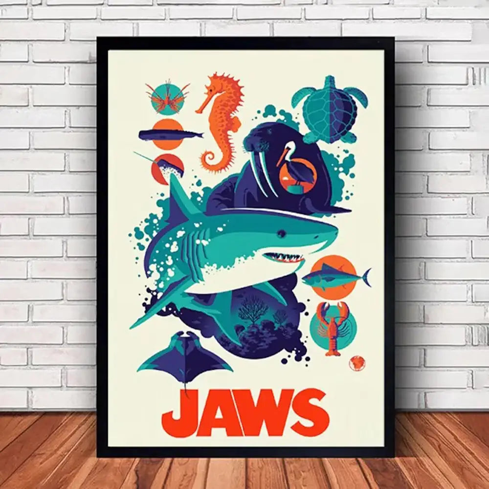 Classic black framed jaws movie poster canvas wall art living room
