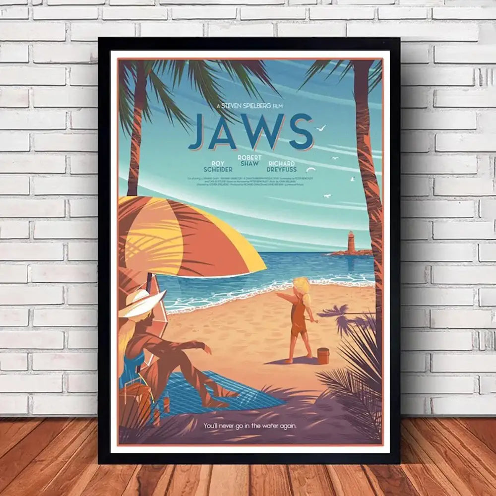 Classic black framed jaws movie poster canvas wall art living room