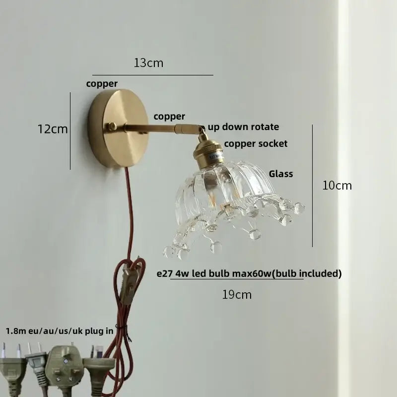 Decorbites clear flower glass wall lamp bedroom brass pull chain