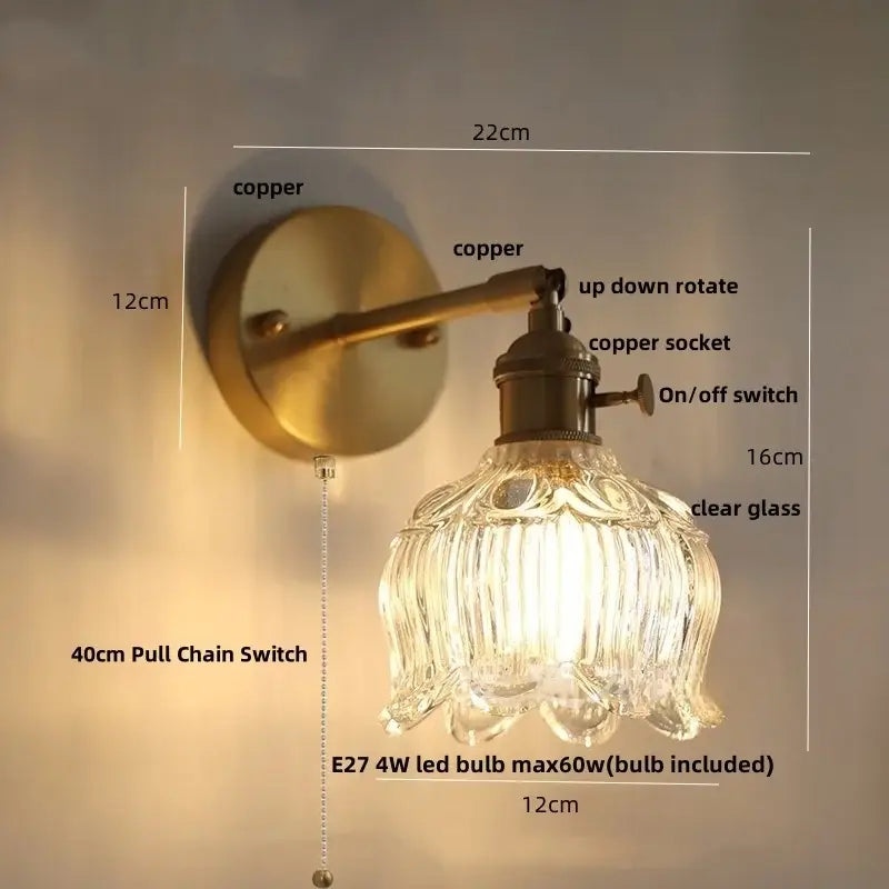 Decorbites clear flower glass wall lamp bedroom brass pull chain