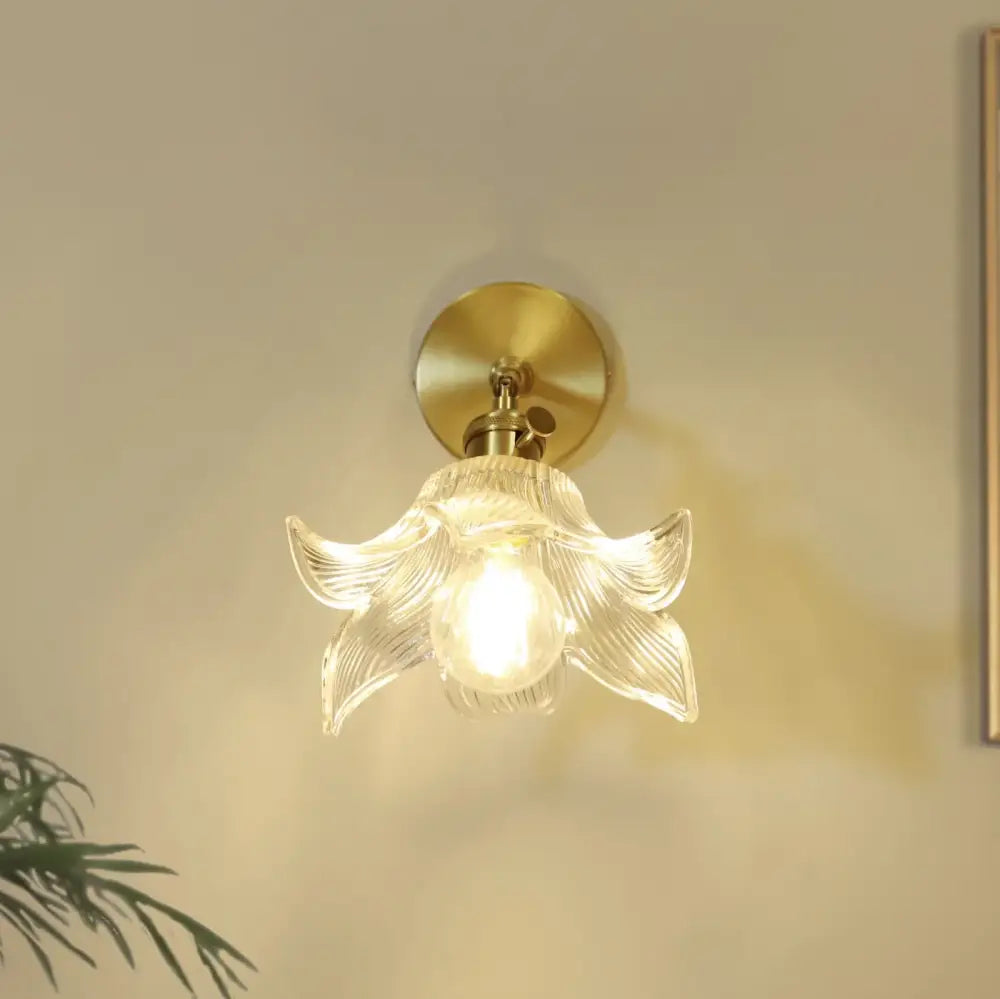 Decorbites clear flower glass wall lamp bedroom brass pull chain