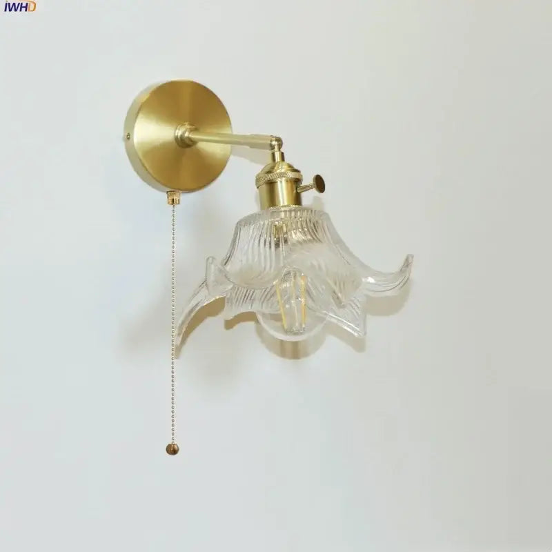 Decorbites clear flower glass wall lamp bedroom brass pull chain