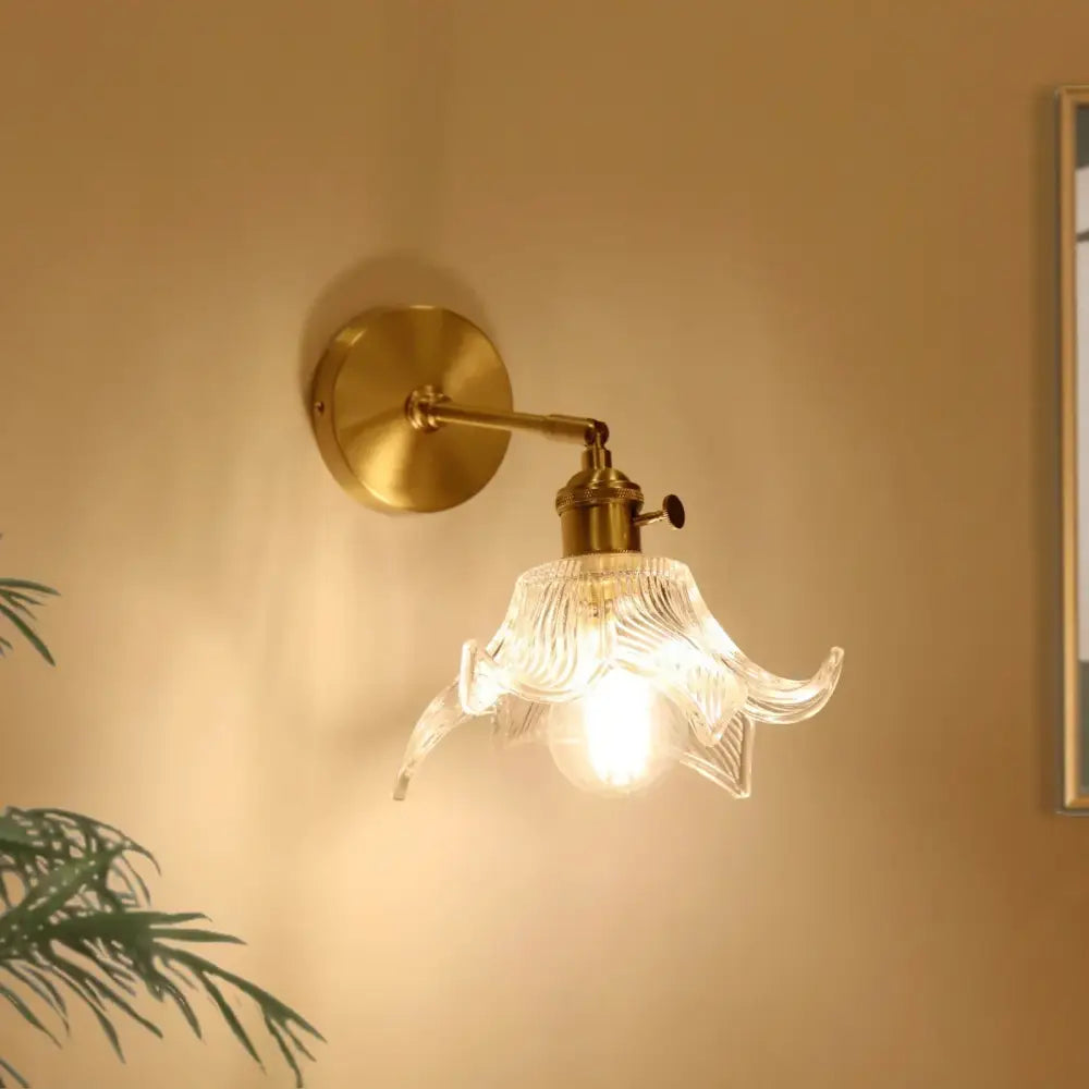 Decorbites clear flower glass wall lamp bedroom brass pull chain
