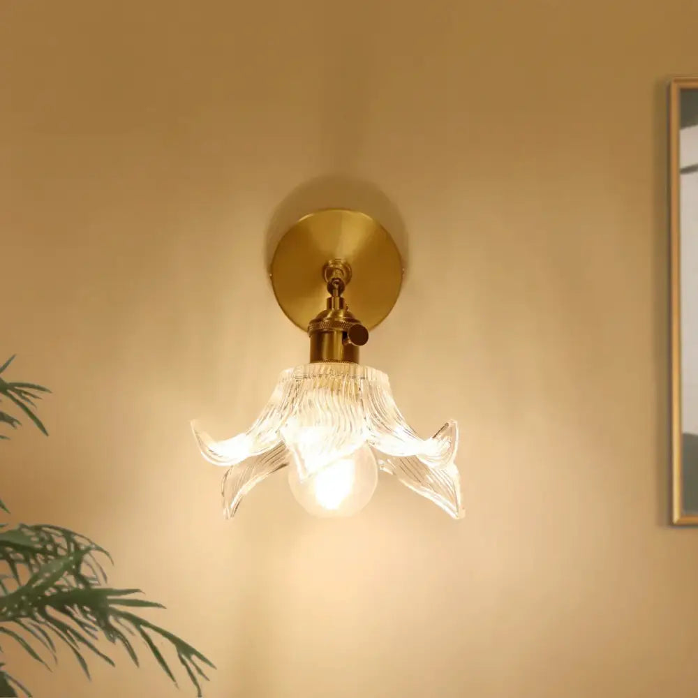 Decorbites clear flower glass wall lamp bedroom brass pull chain