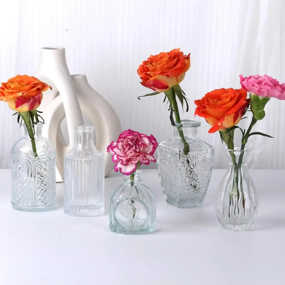 Etched clear glass bud vases set dining room floral decor