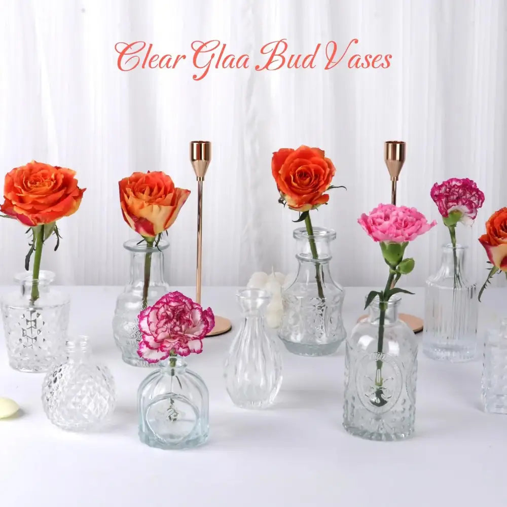 Etched clear glass bud vases set dining room floral decor