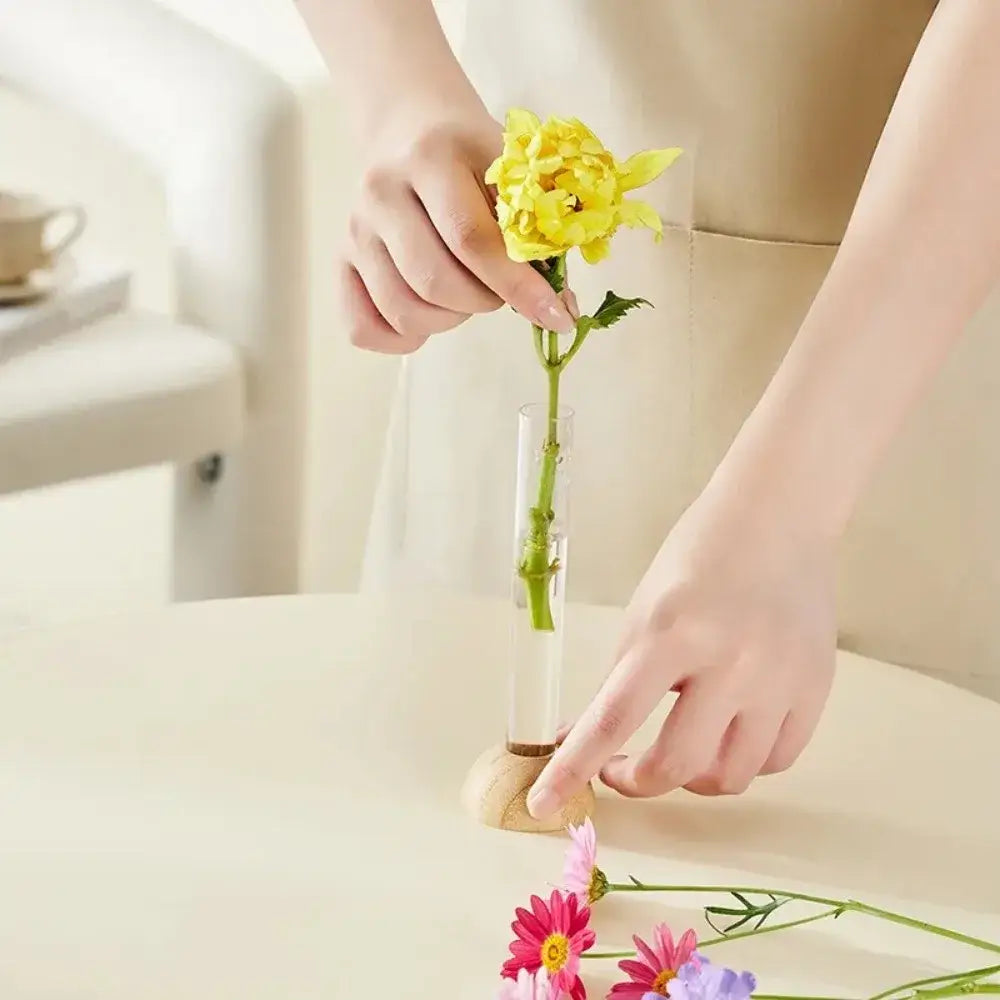 Minimalist wood and plastic test tube vase living room decor
