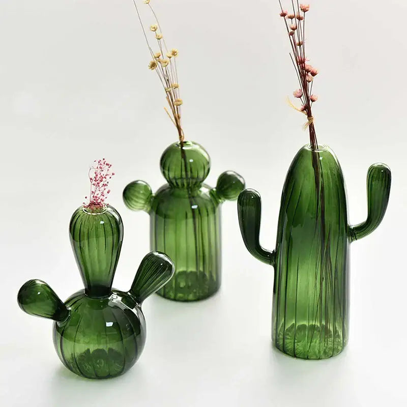 Green glass cactus vase set living room home decor