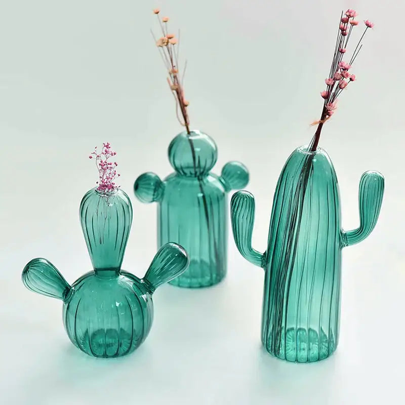 Green glass cactus vase set living room home decor
