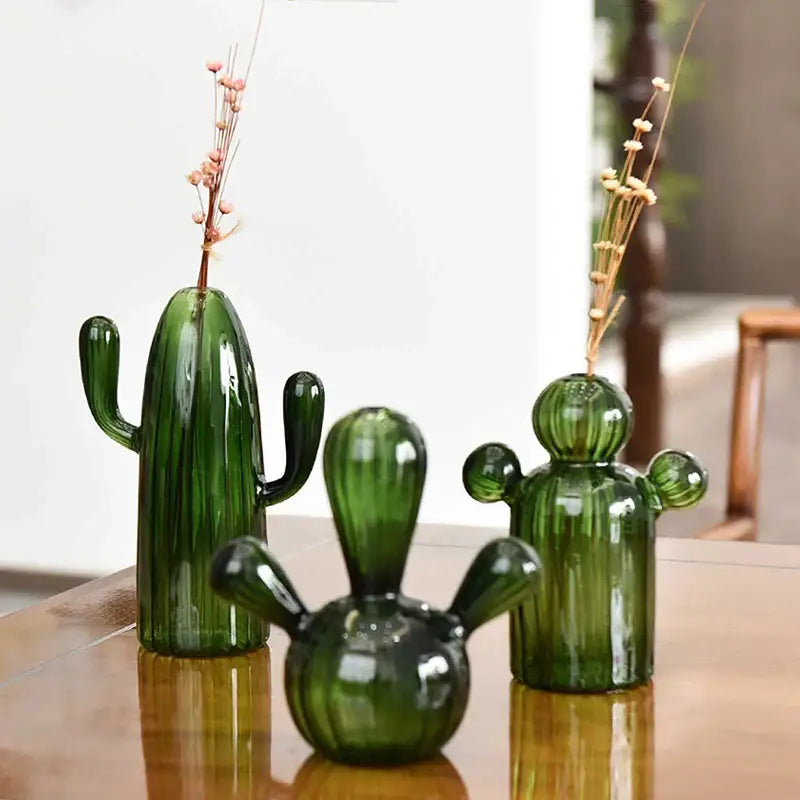 Green glass cactus vase set living room home decor