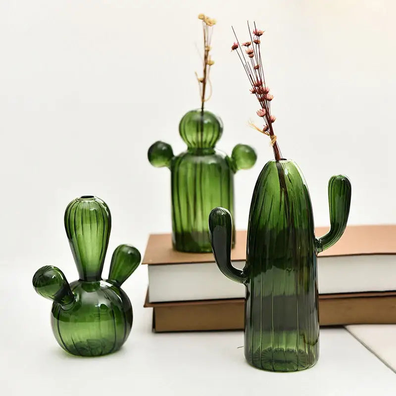 Green glass cactus vase set living room home decor