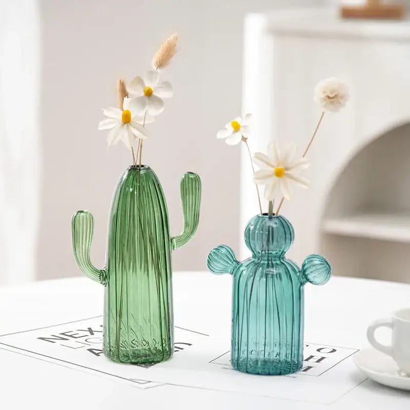 Green glass cactus vase set living room home decor