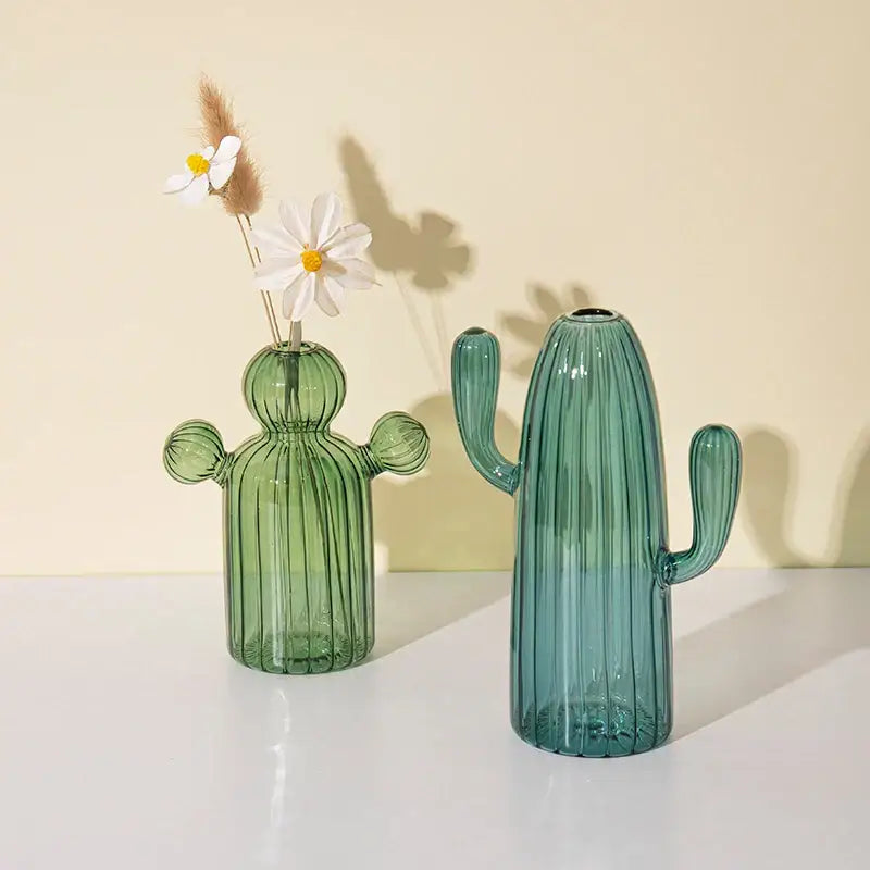 Green glass cactus vase set living room home decor