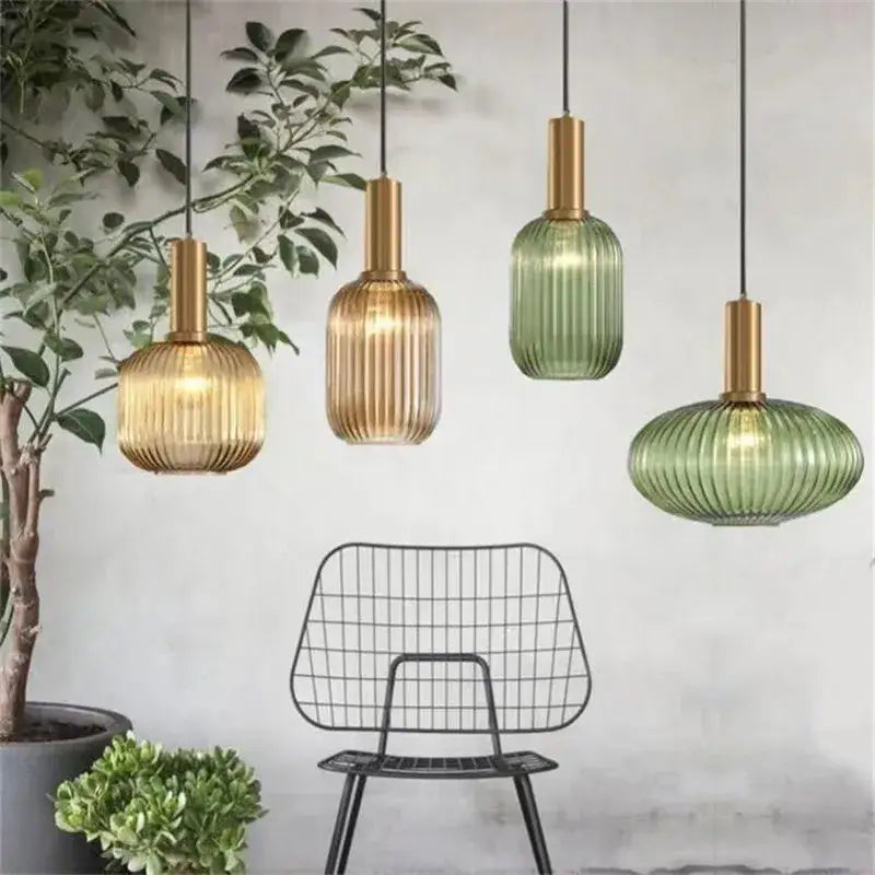 Retro ribbed amber glass pendant lights for dining room