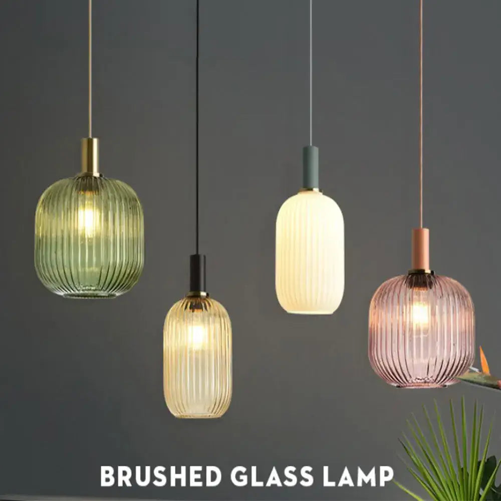 Retro ribbed amber glass pendant lights for dining room