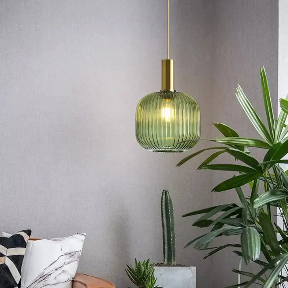 Retro ribbed amber glass pendant lights for dining room