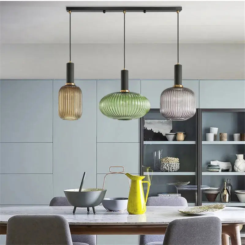 Retro ribbed amber glass pendant lights for dining room