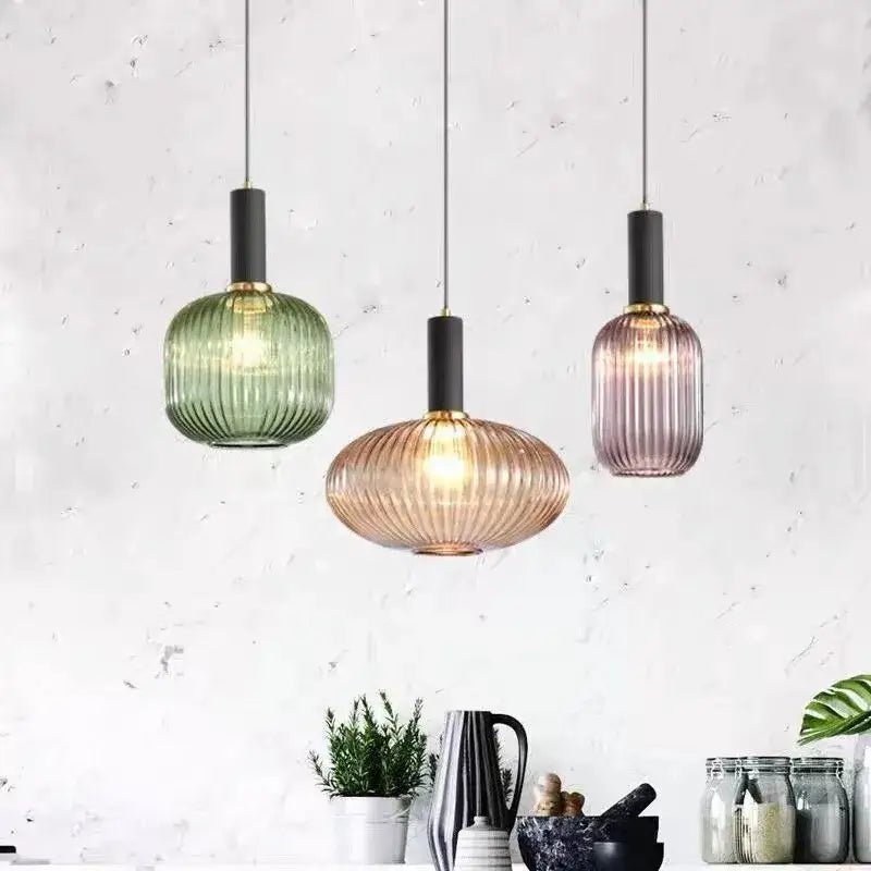 Retro ribbed amber glass pendant lights for dining room
