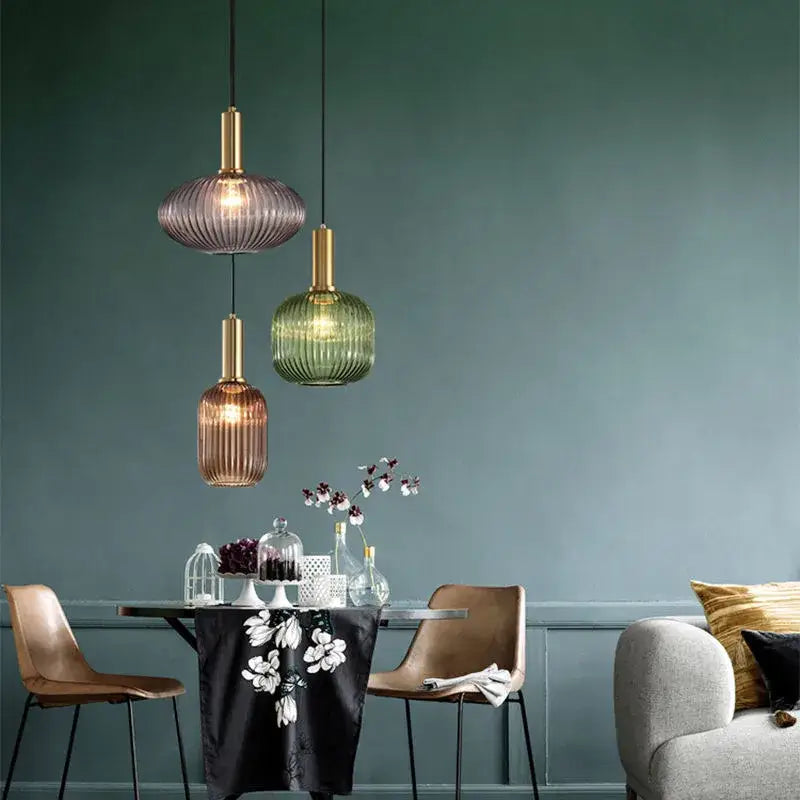 Retro ribbed amber glass pendant lights for dining room